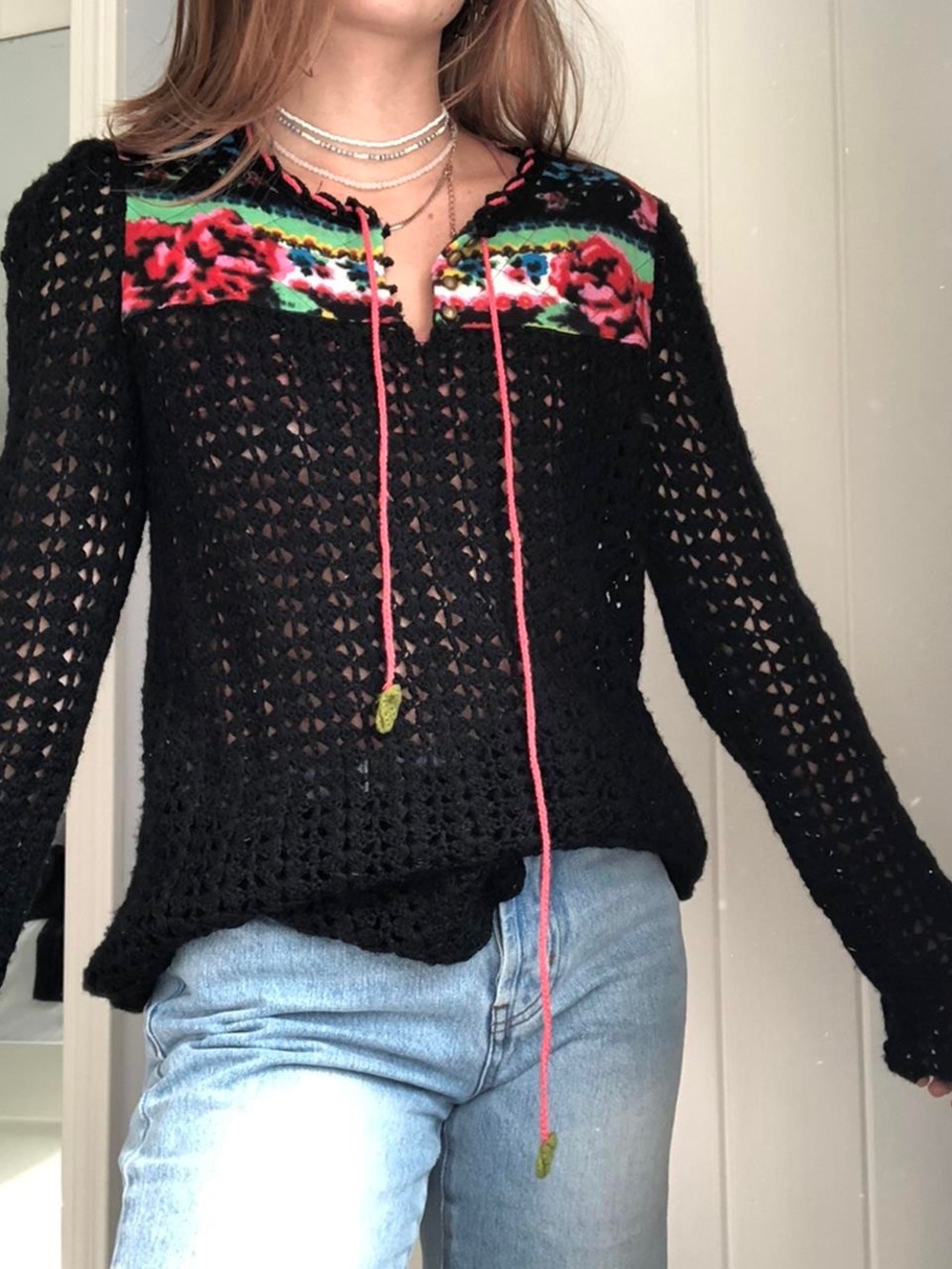 Free People Size S Boho Crochet Wool Sweater Floral Black Knit Top Shirt
